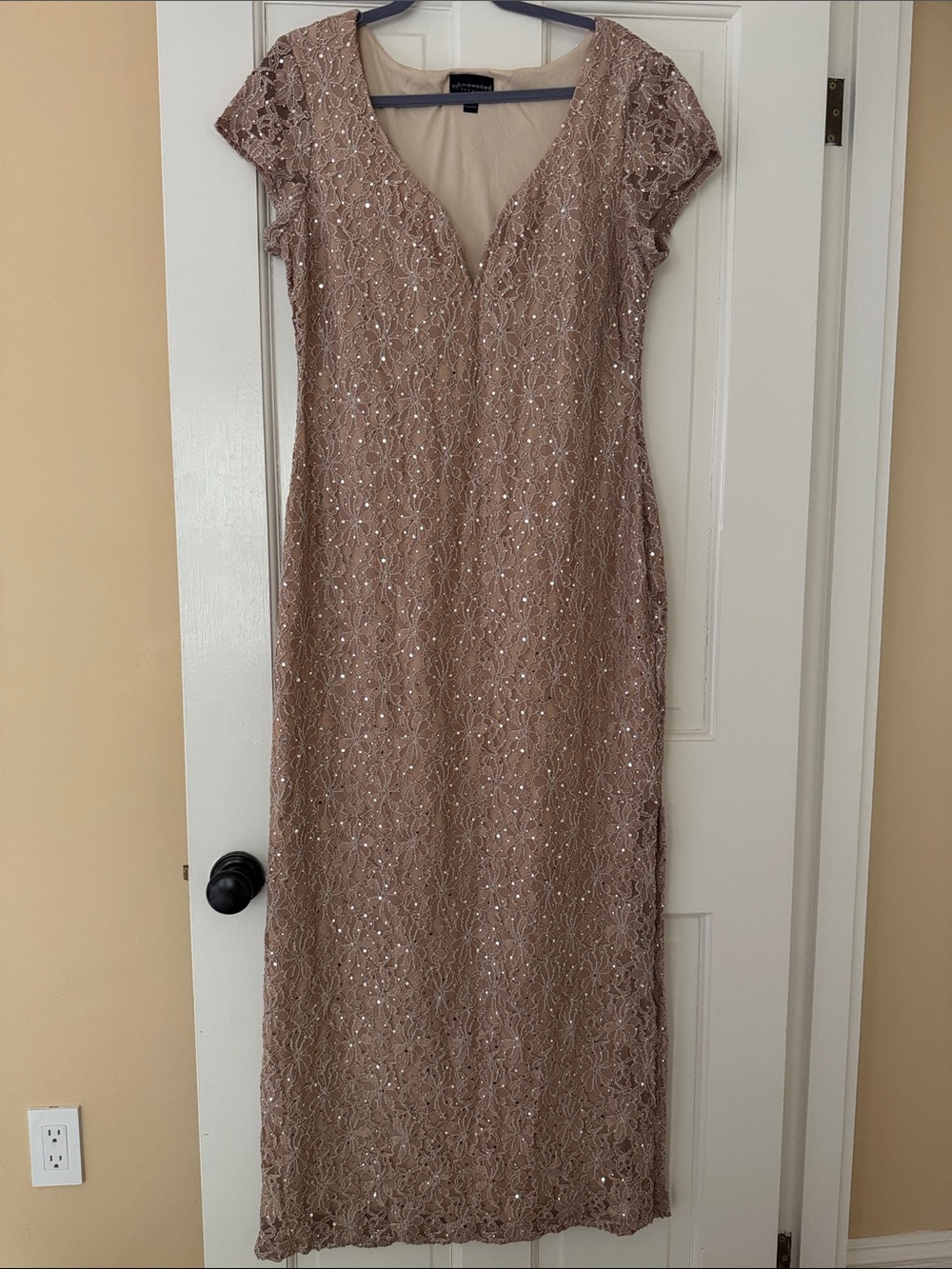 connected apparel Rose Gold Sequined Lace Maxi Dress